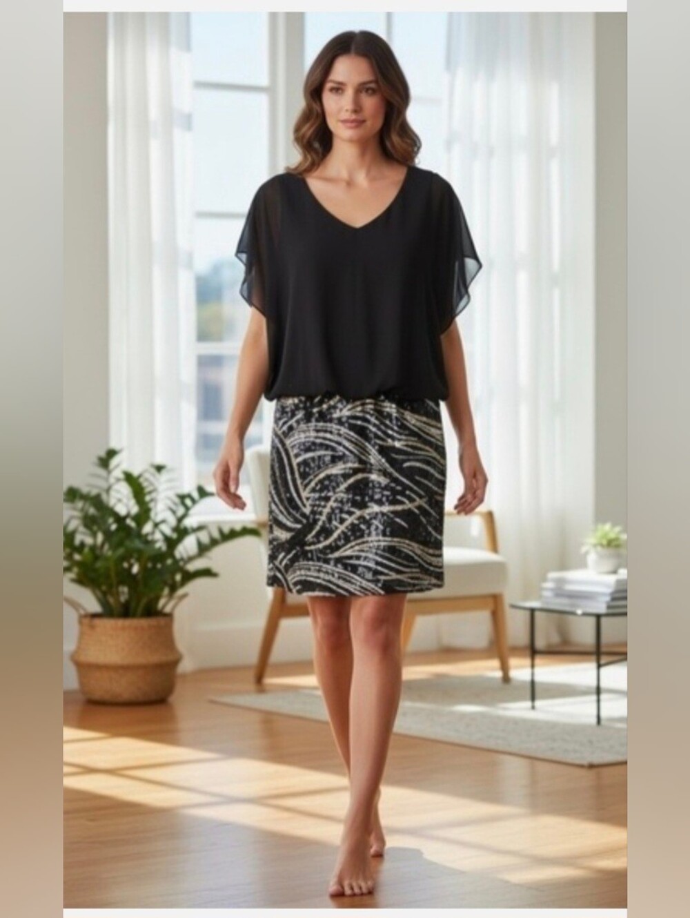 Black Mini Dress with Sequined Wave Skirt
